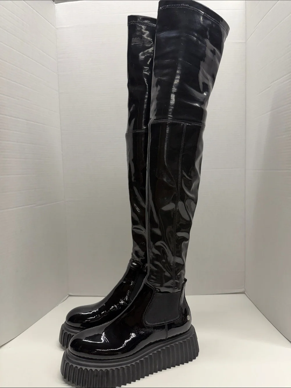 AGL Over The Knee Boots Tall Pull On Patent Shiny Leather Stretch Black Size 6.5